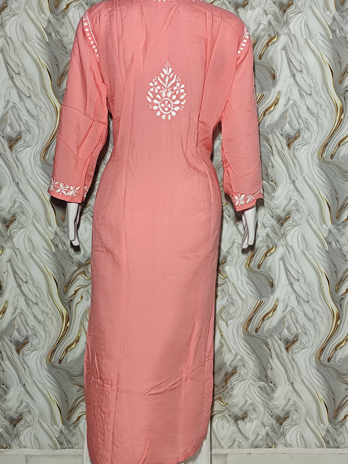 Peach Coral Lucknowi Chikankari Modal Kurti