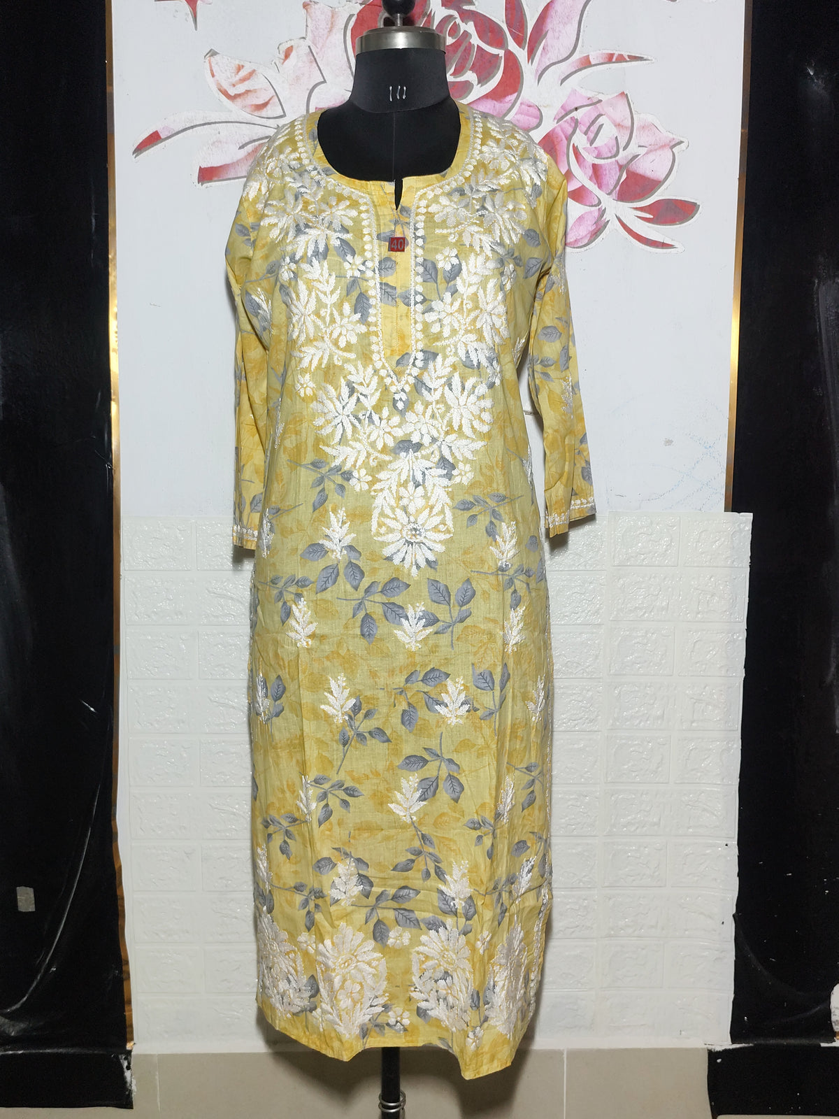 MYC Mal cotton Chikankari Kurti - Flower Yellow