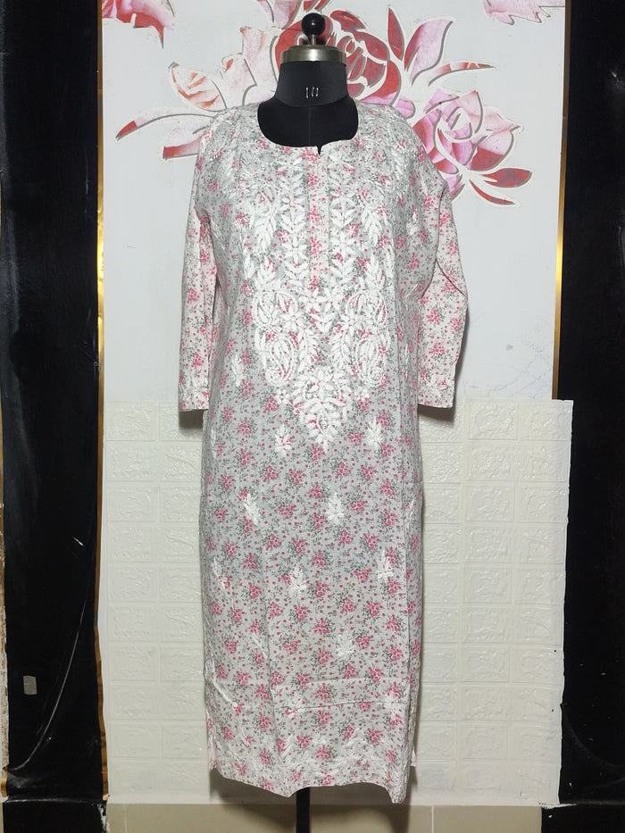 MYC Mal cotton Chikankari Kurti White And Pink