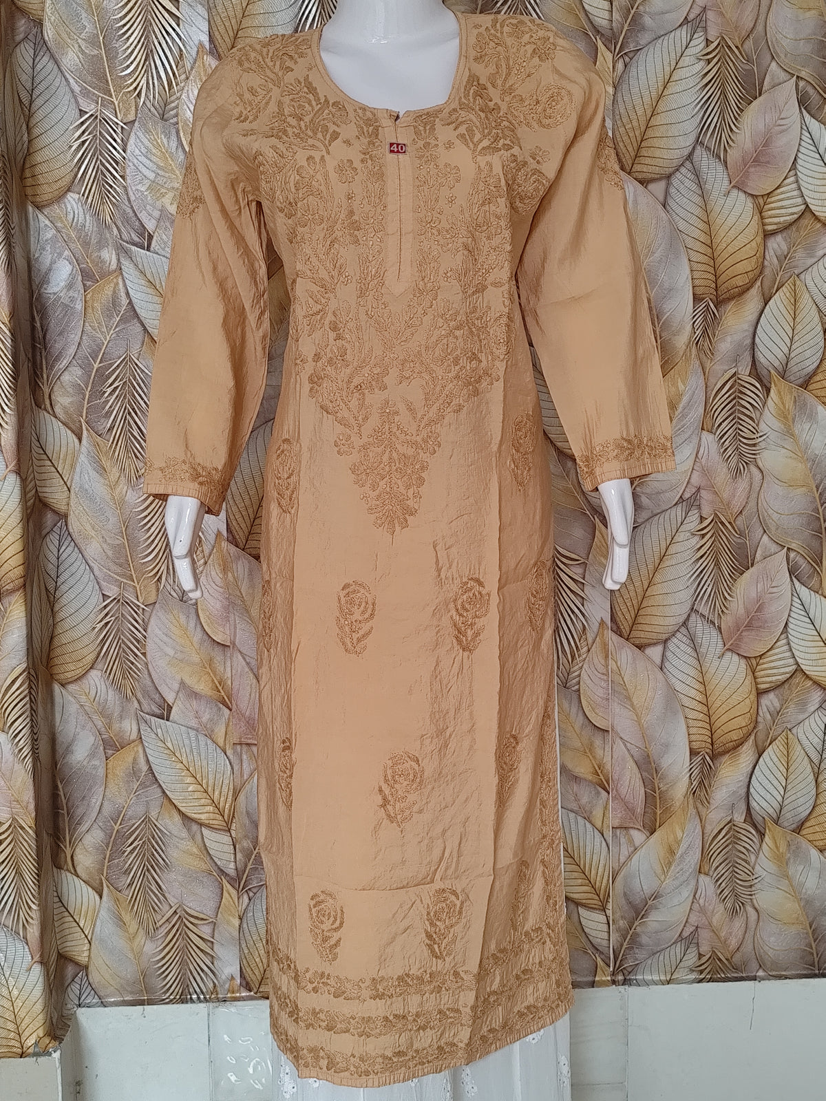 Chandari Kurti Tone To tone Ghas patti Work -Brown
