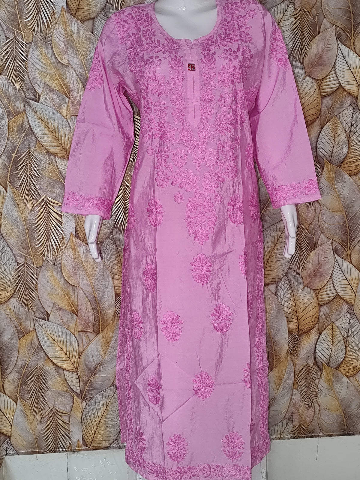 Chandari Kurti Tone To tone Ghas patti Work - onion pink