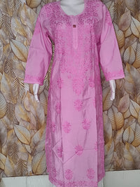 Chandari Kurti Tone To tone Ghas patti Work - onion pink