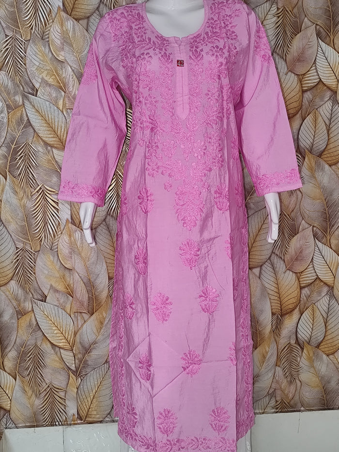 Chandari Kurti Tone To tone Ghas patti Work - onion pink