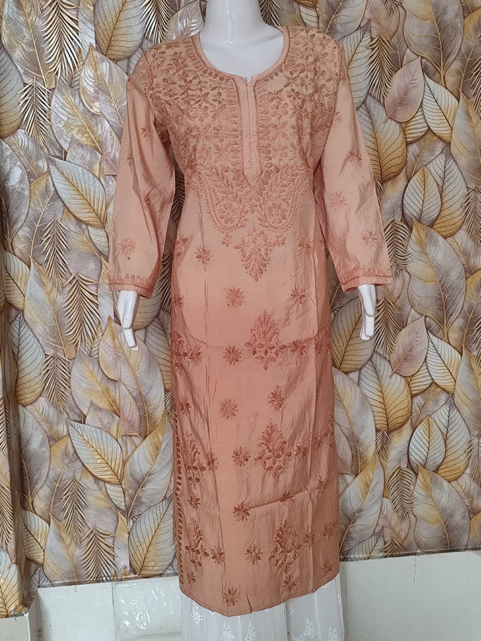 Chandari Kurti Tone To tone Ghas patti Work -Brown Omre
