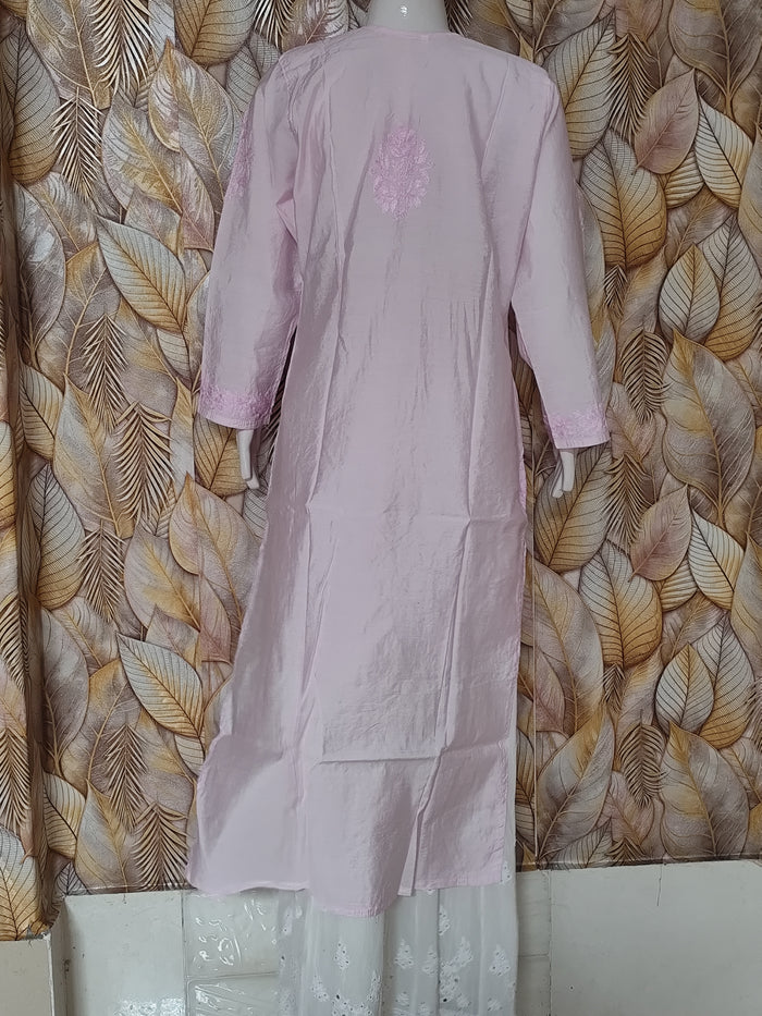 Chandari Kurti Tone To tone Ghas patti Work-Baby Pink