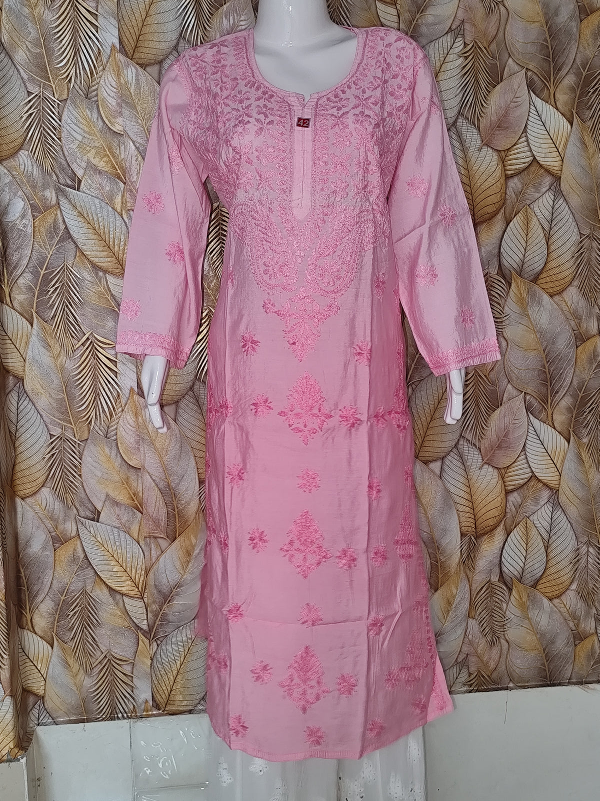 Chandari Kurti Tone To tone Ghas patti Work-Bright Pink