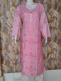 Chandari Kurti Tone To tone Ghas patti Work-Bright Pink