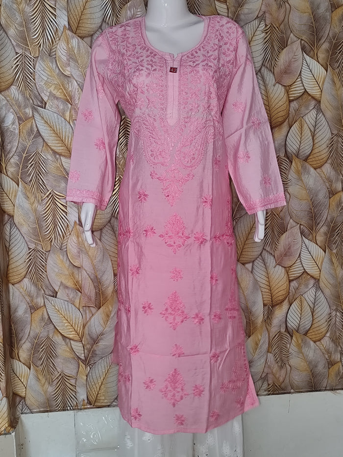 Chandari Kurti Tone To tone Ghas patti Work-Bright Pink