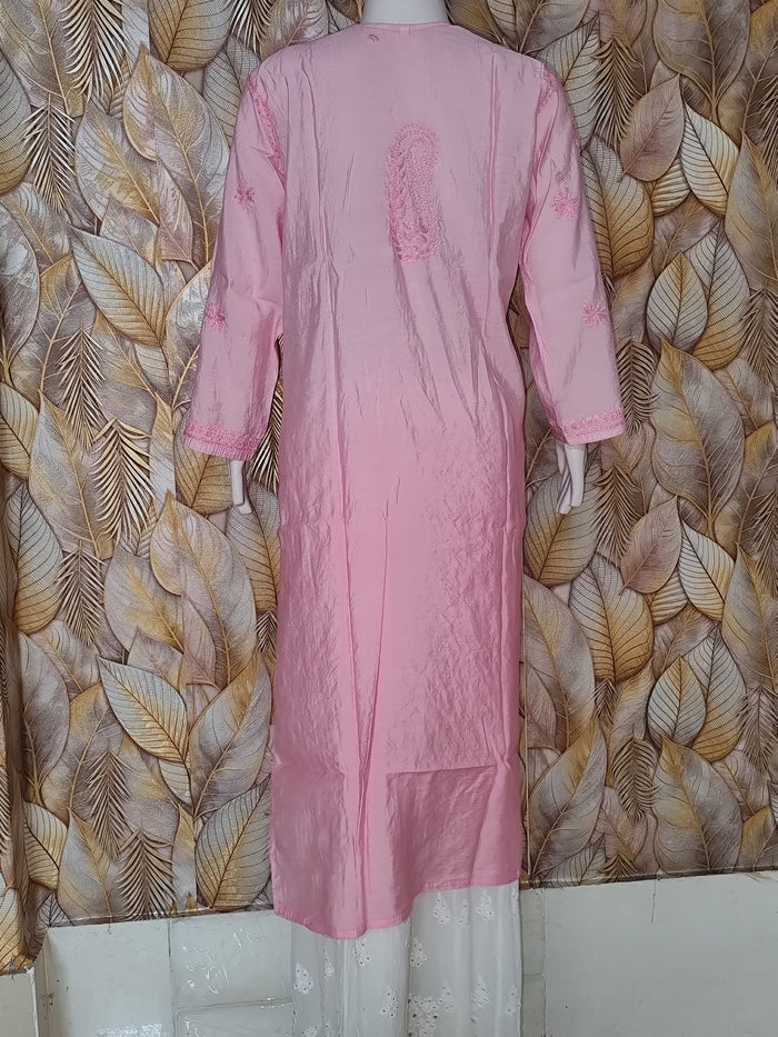 Chandari Kurti Tone To tone Ghas patti Work-Bright Pink