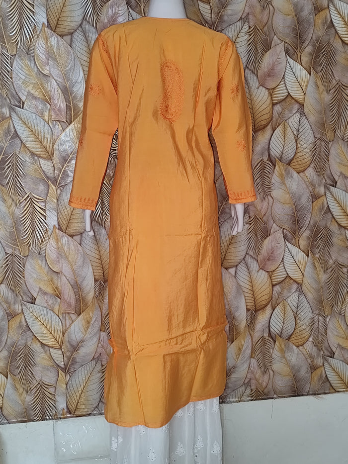 Chandari Kurti Tone To tone Ghas patti Work-Mustard Yellow