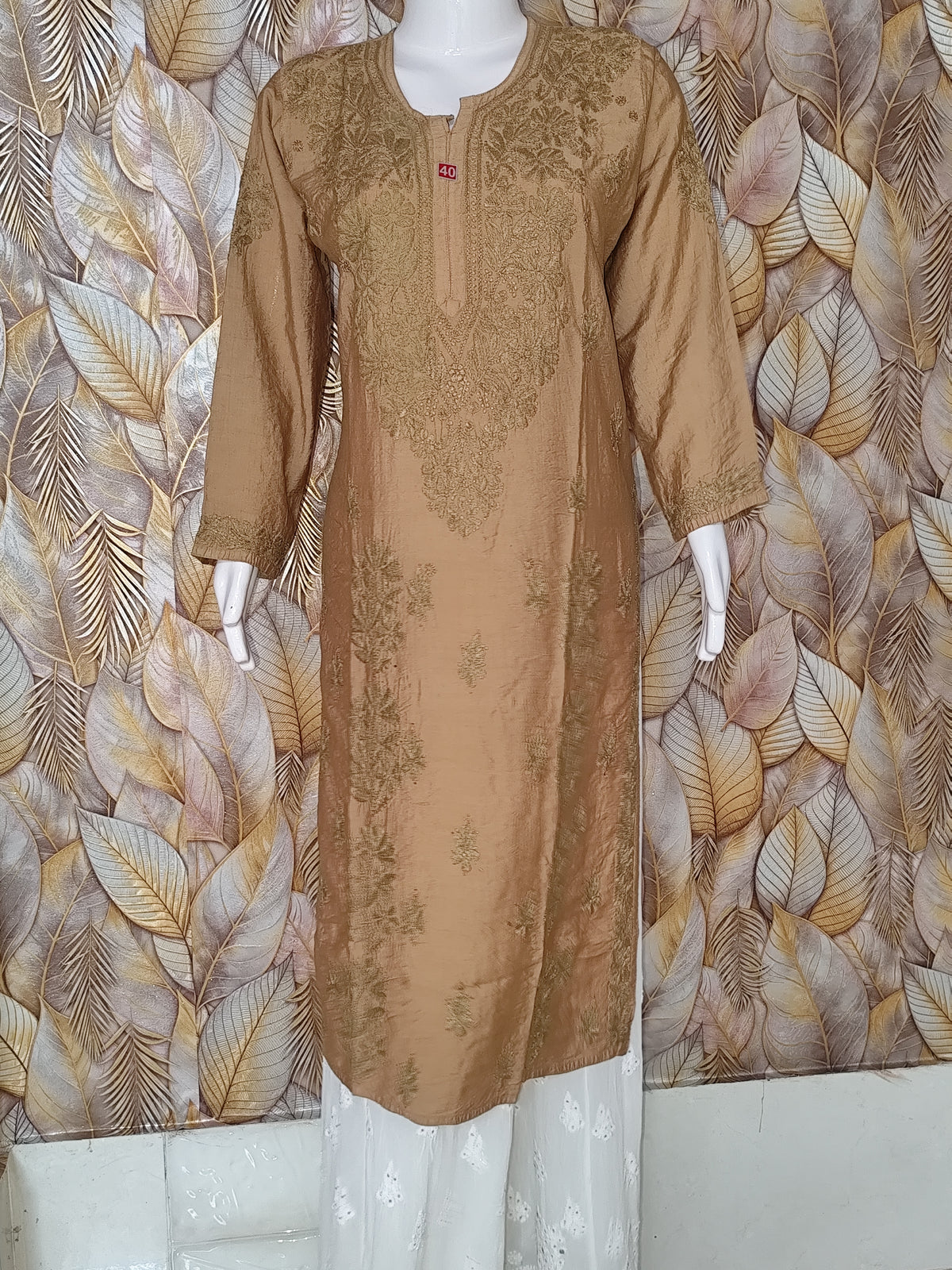 Chandari Kurti Tone To tone Ghas patti Work-Golden Brown