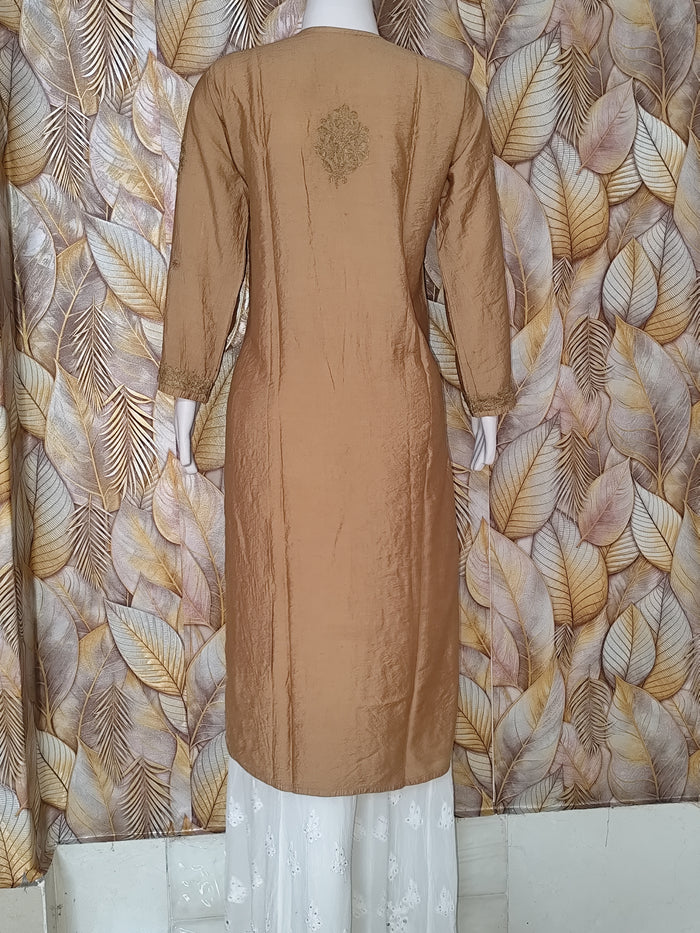 Chandari Kurti Tone To tone Ghas patti Work-Golden Brown