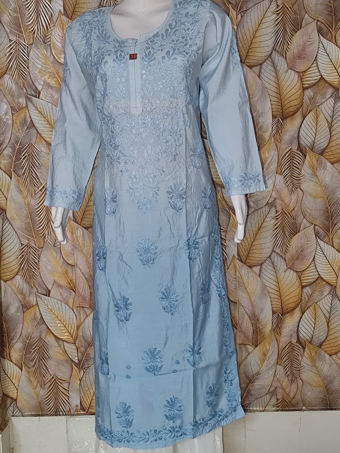 Chandari Kurti Tone To tone Ghas patti Work Ink Blue Dual Tone