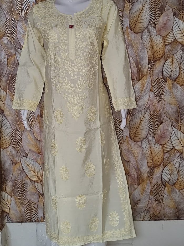 Chandari Kurti Tone To tone Ghas patti Work-Golden Beige
