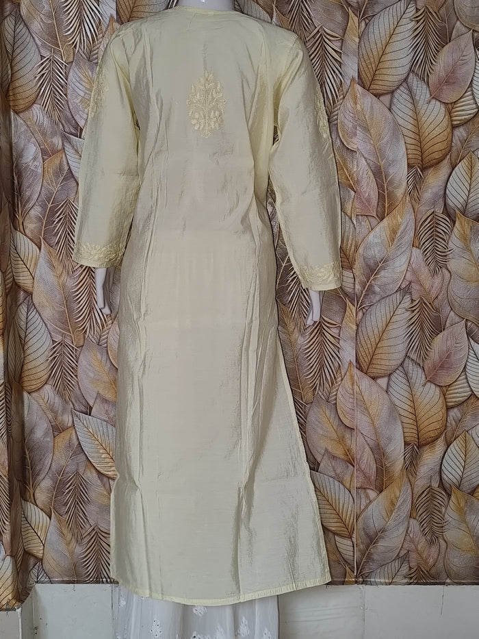 Chandari Kurti Tone To tone Ghas patti Work-Golden Beige