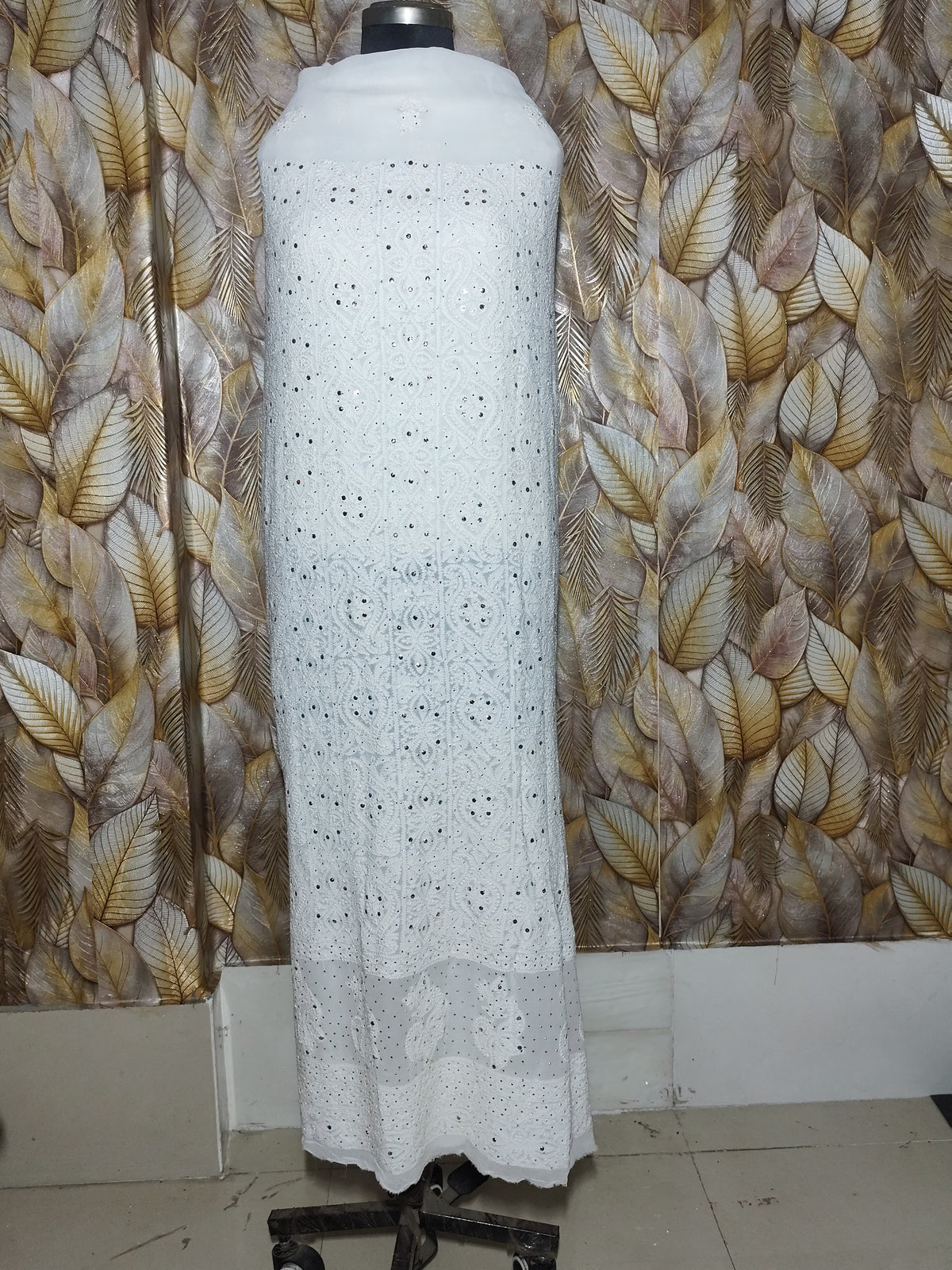 White Viscose Georgette Unstitched Suit Set with Mukesh