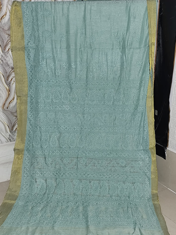 Sea Green Chanderi  Saree with Chikankari Embroidery