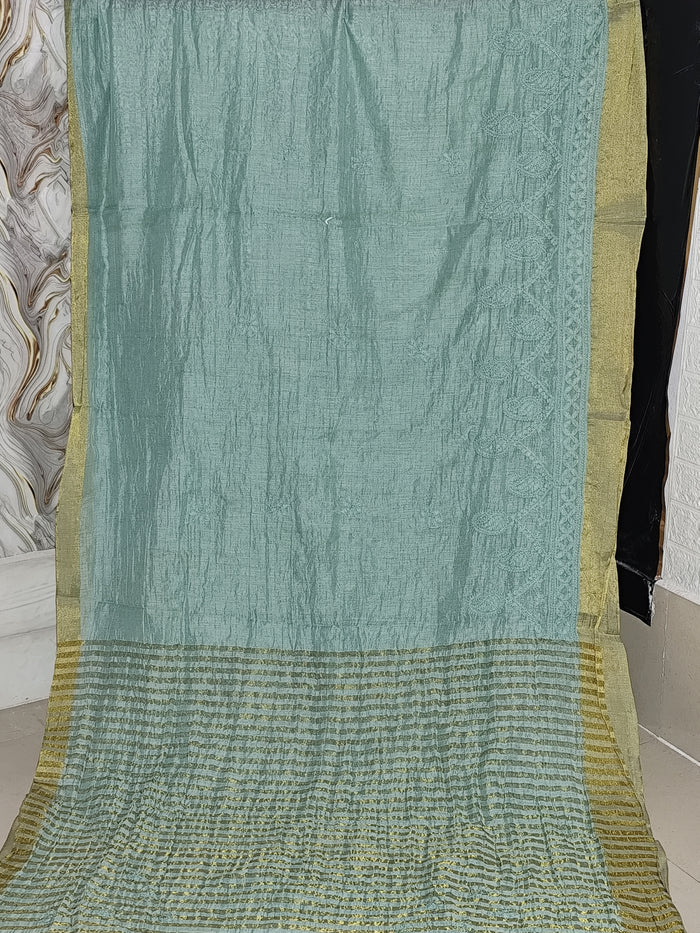 Sea Green Chanderi  Saree with Chikankari Embroidery
