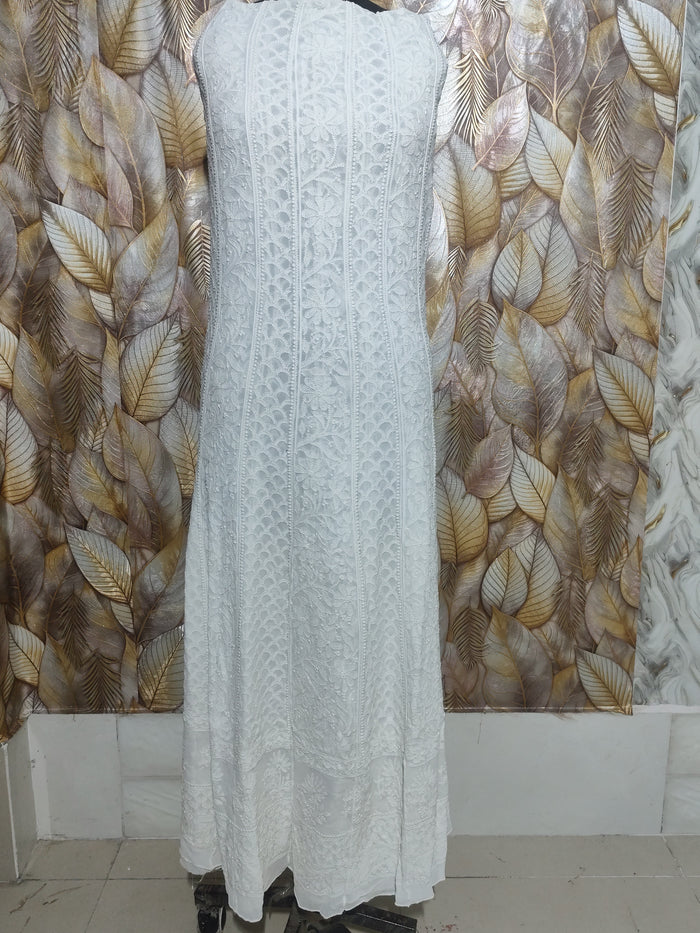White Chikankari hand embroidered anarkali dupatta set