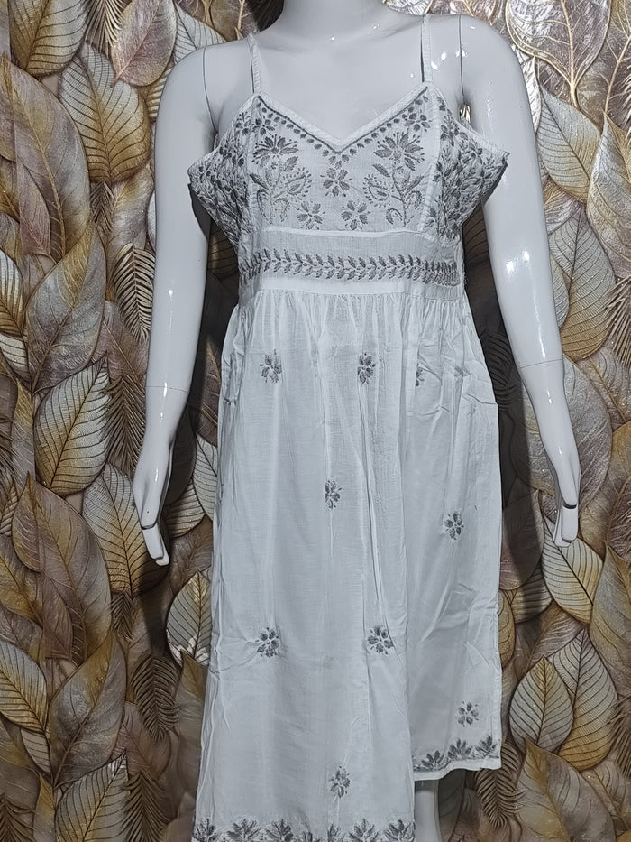Cotton Noodle Strip Single Dress With Grey  Embroidery