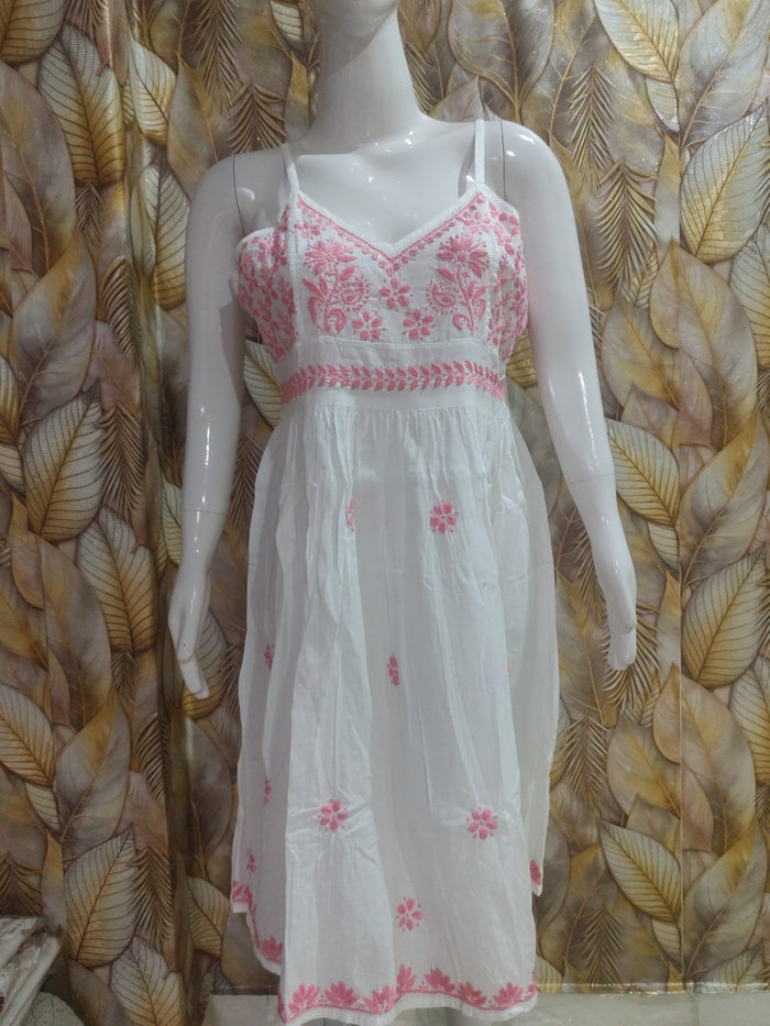 Cotton Noodle Strip Single Dress With -Pink Embroidery