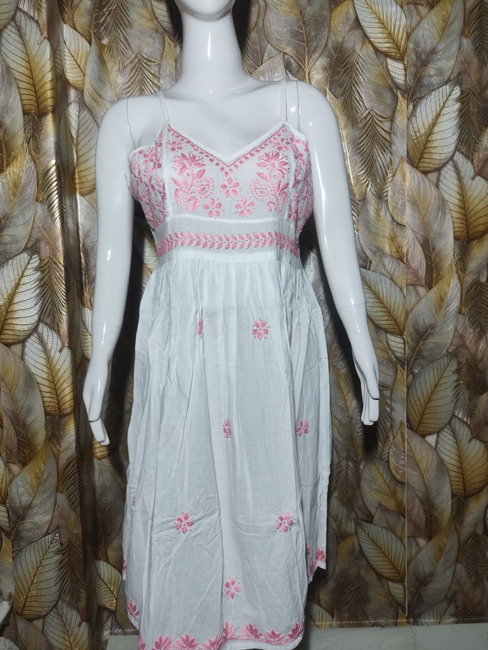 Cotton Noodle Strip Single Dress With -Pink Embroidery