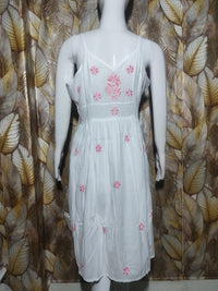 Cotton Noodle Strip Single Dress With -Pink Embroidery