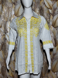 Chikankari Cotton Shirt For ladies with Yellow Embroidery