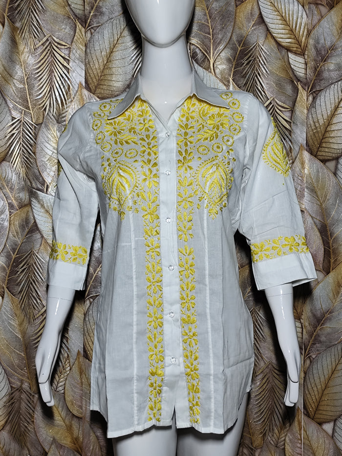 Chikankari Cotton Shirt For ladies with Yellow Embroidery