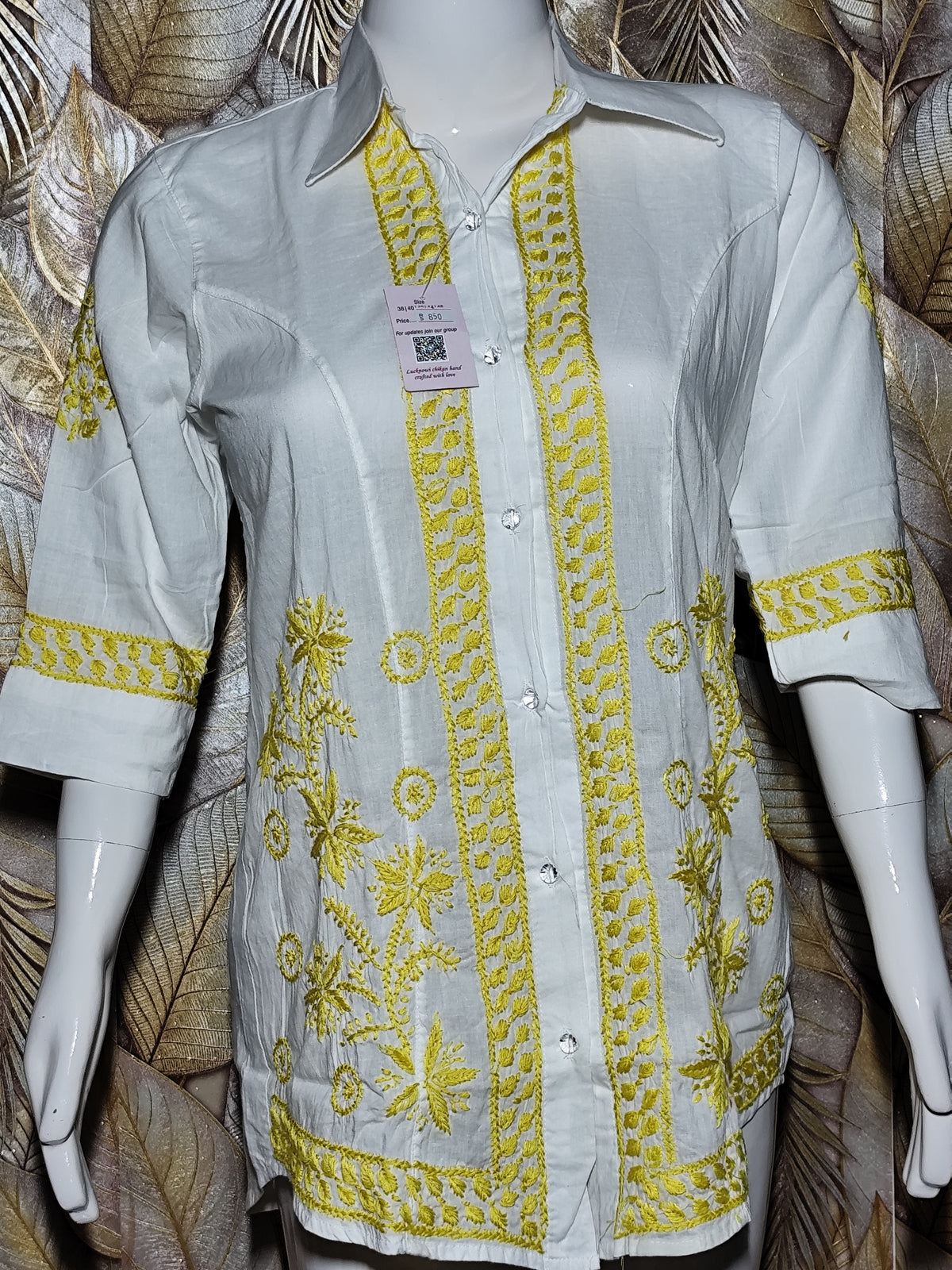 Chikankari Cotton Shirt For ladies Yoge yellow Embroidery