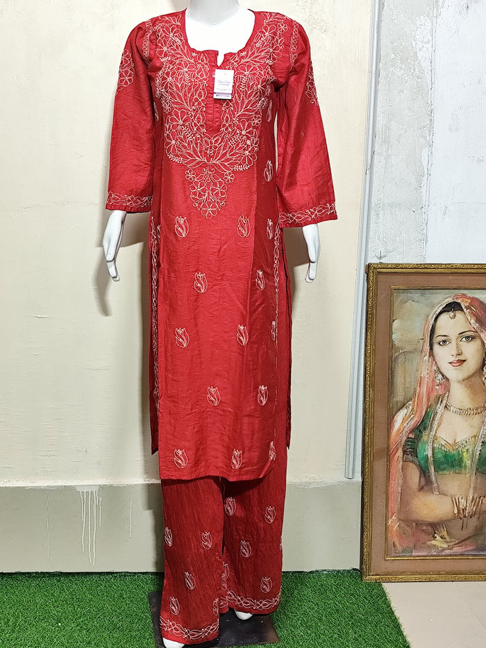 Elegant Crimson Red Chanderi Kurta & Pant Set