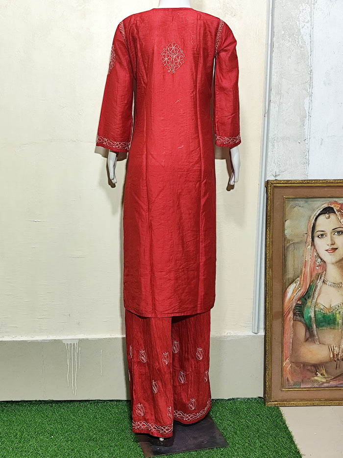 Elegant Crimson Red Chanderi Kurta & Pant Set