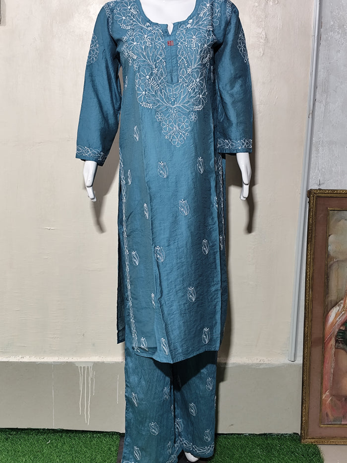 Elegant Teal Blue Chanderi Kurta Pant Set