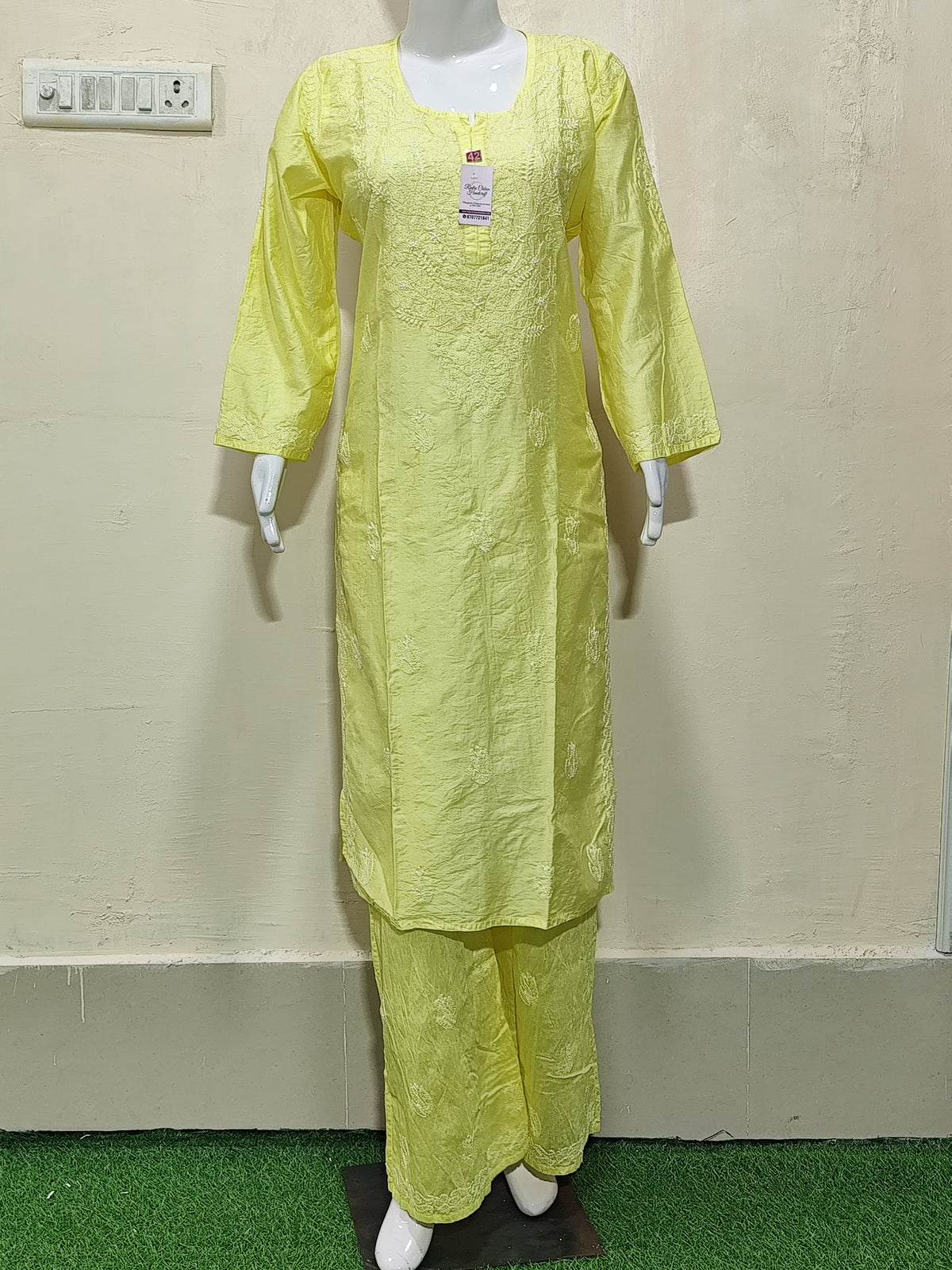 Elegant Lemon Yellow Chanderi Kurta  Pant Set