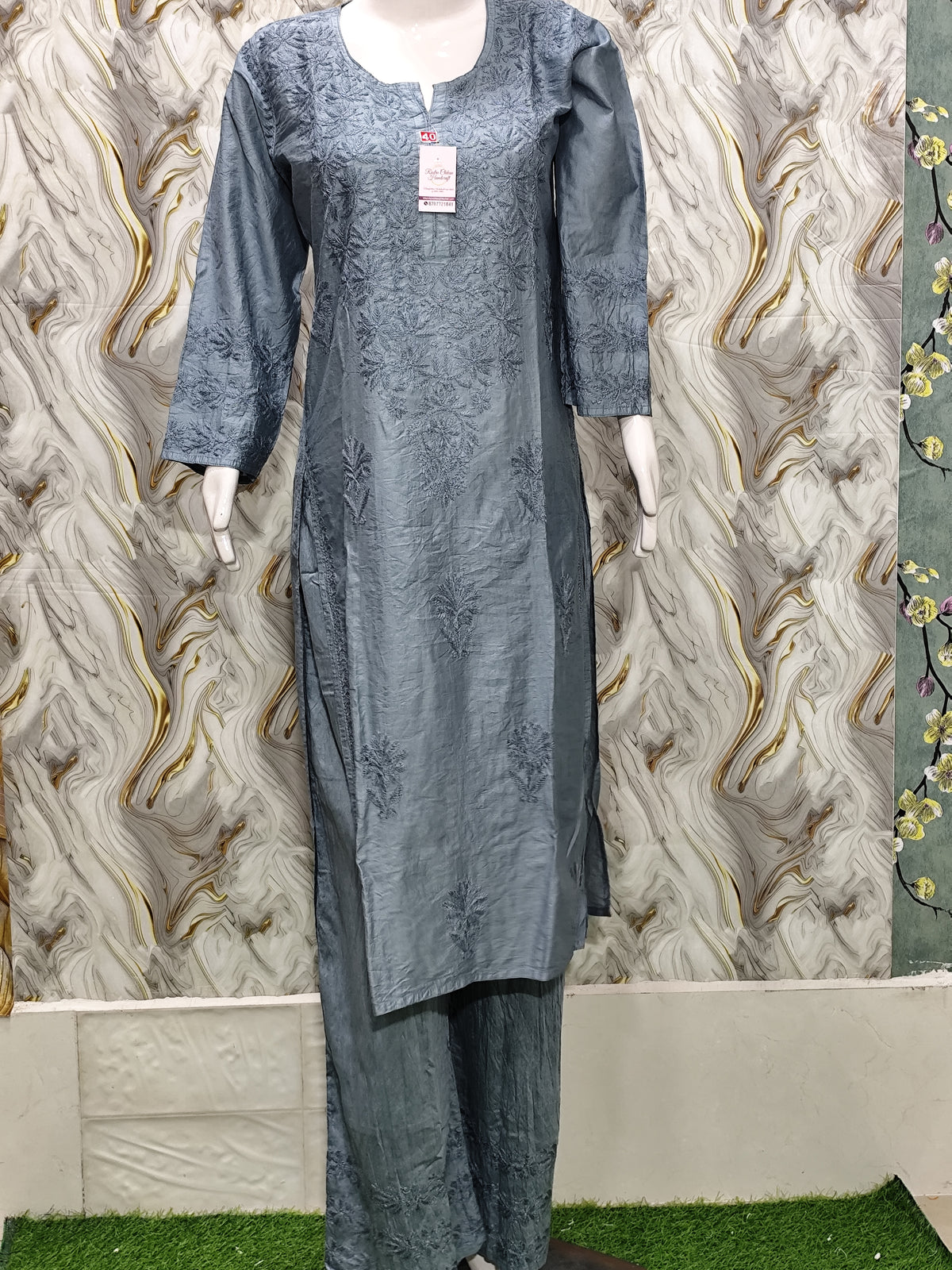 Sophisticated Steel Grey / Slate Blue Chanderi Kurta & Pant Set
