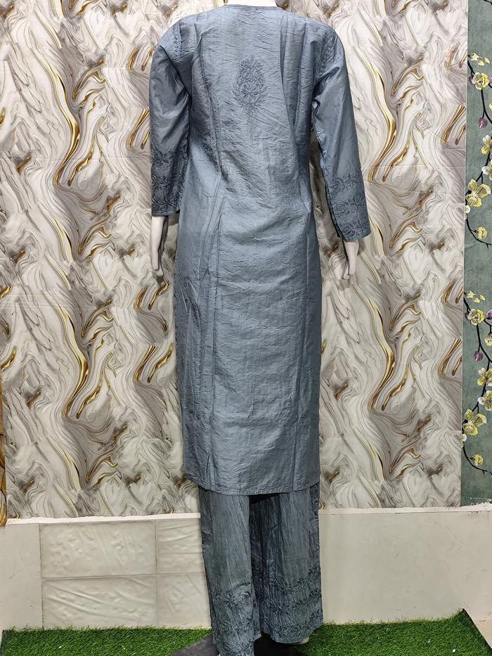 Sophisticated Steel Grey / Slate Blue Chanderi Kurta & Pant Set