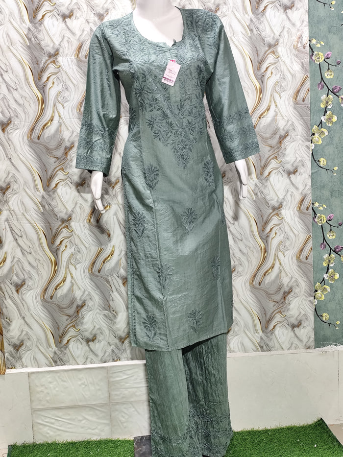 A chic and subtle Sage Green / Dusty Seafoam Chanderi Kurta & Pant Set