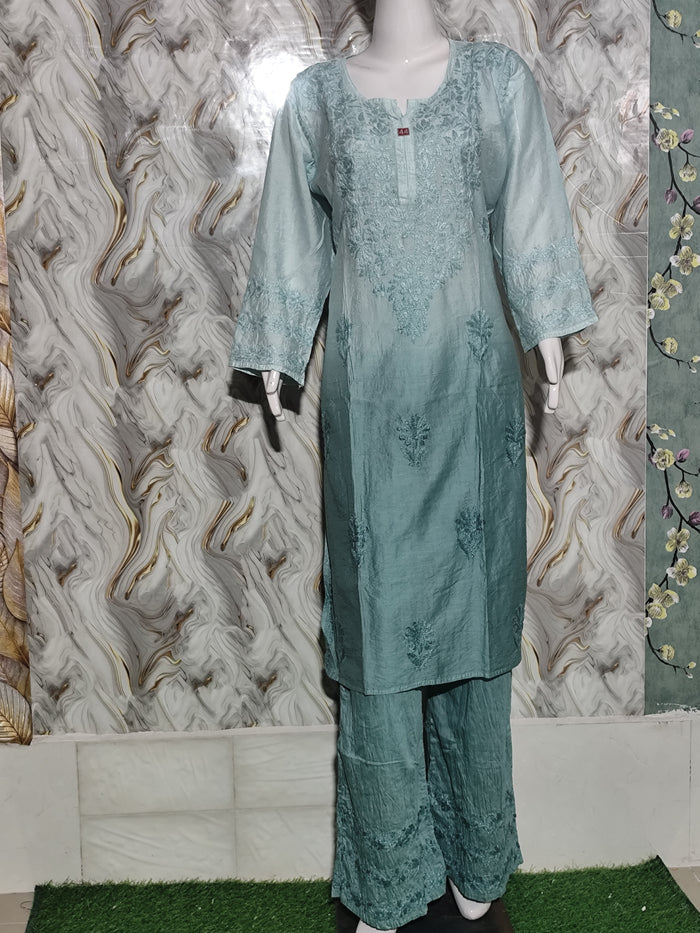 Powder Blue / Aqua Blue Chanderi Kurta Pant Set Omray