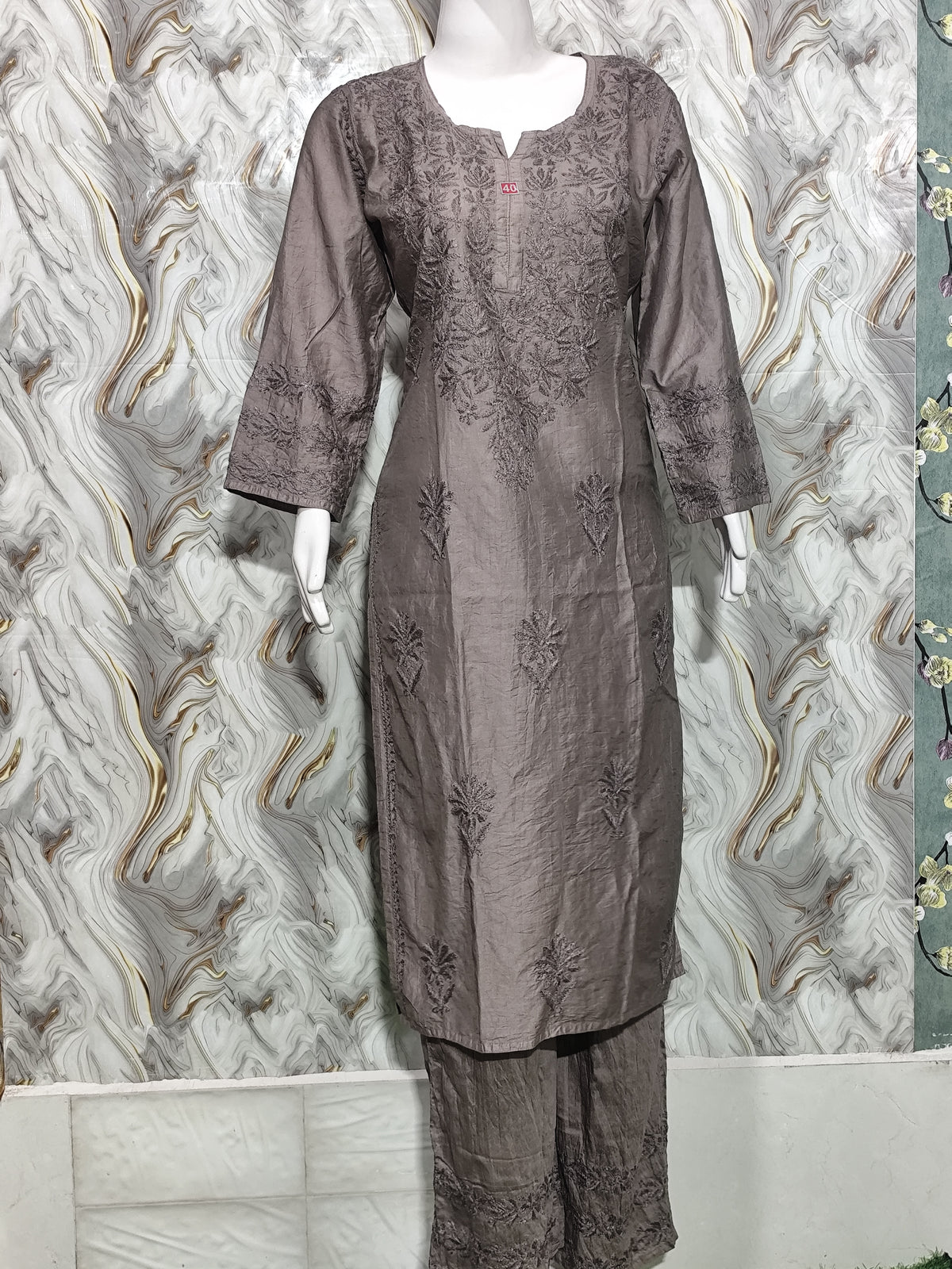 Taupe / Mushroom Brown Chanderi Kurta & Pant Set