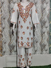 A vibrant Pristine White Rayon Kurta & Pant Set -multi-colour Lucknowi embroidery