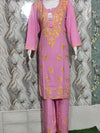 Bubblegum Pink Rayon Kurta &amp Pant Set mustard-yellow and gold Lucknowi Chikankari-style embroidery