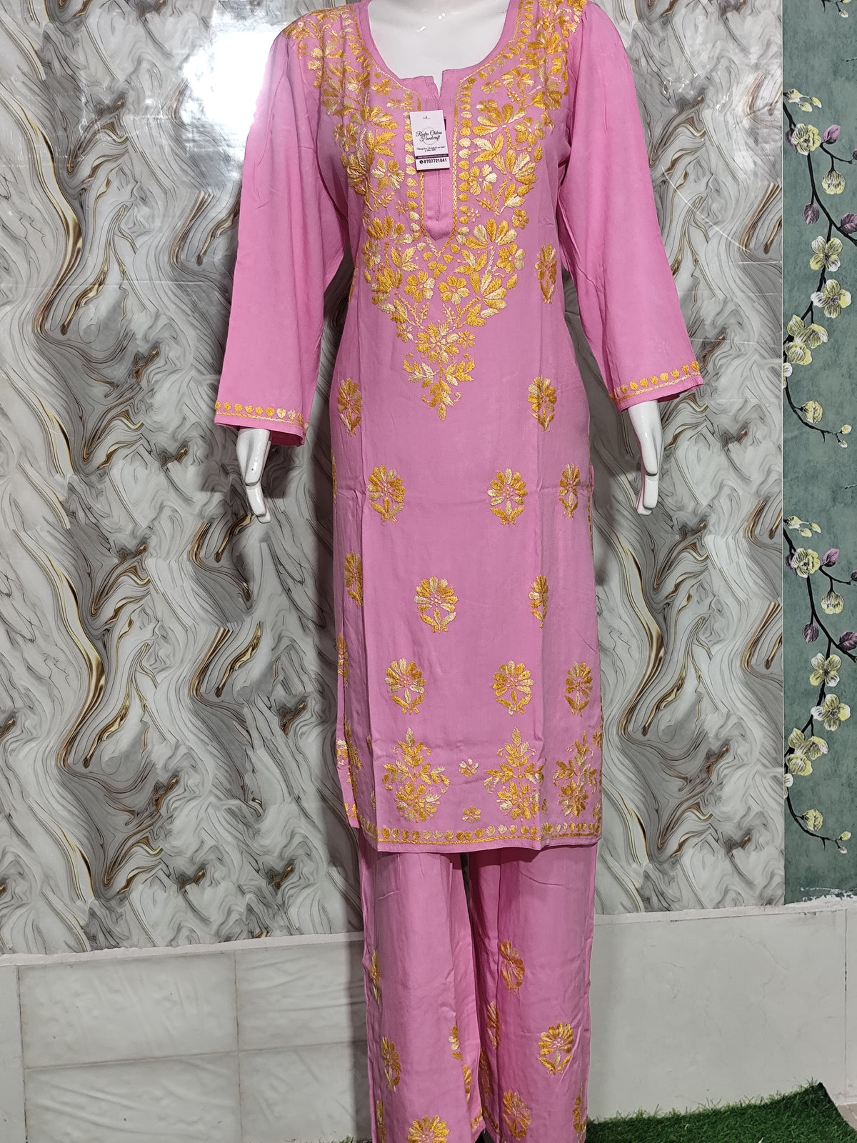 Bubblegum Pink Rayon Kurta &amp Pant Set mustard-yellow and gold Lucknowi Chikankari-style embroidery