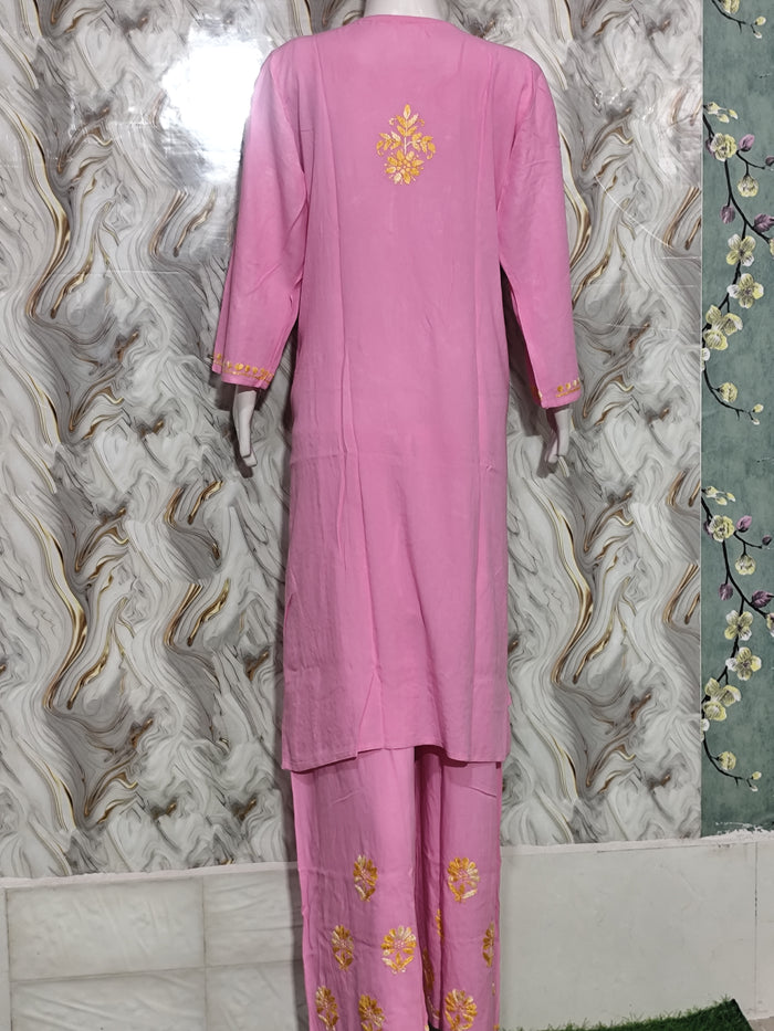 Bubblegum Pink Rayon Kurta &amp Pant Set mustard-yellow and gold Lucknowi Chikankari-style embroidery