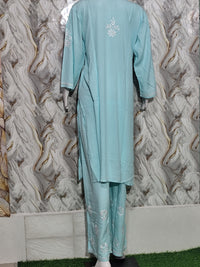 Sky Blue Rayon Kurti Palazzo Set with White Chikankari Embroidery