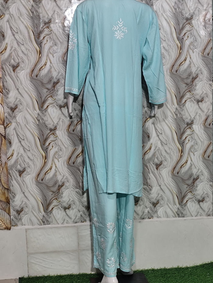 Sky Blue Rayon Kurti Palazzo Set with White Chikankari Embroidery