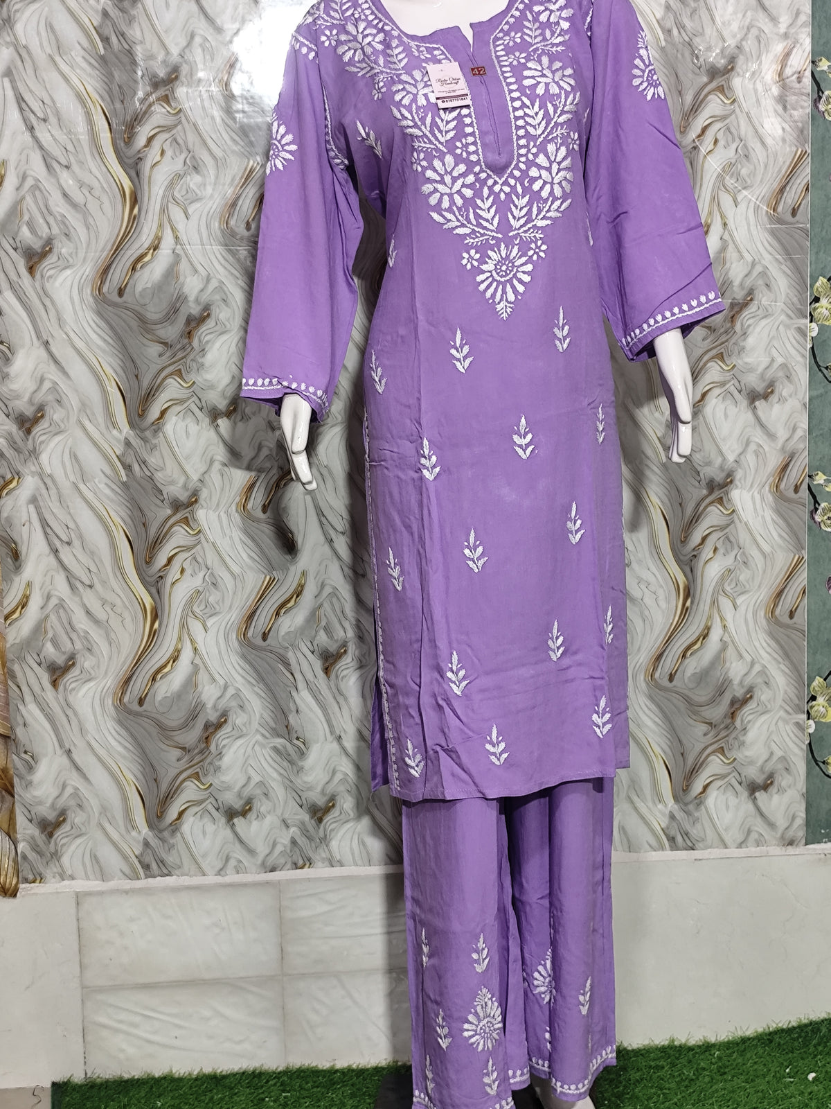 Lavender Rayon Kurti Palazzo Set with White Chikankari Embroidery