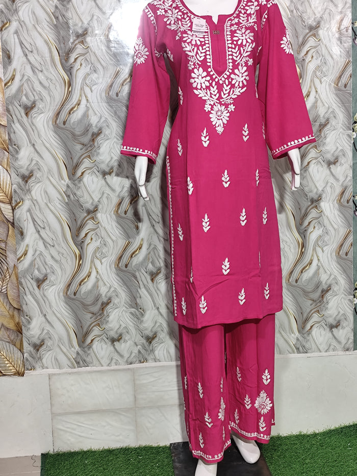 Rani Pink Rayon Kurti Palazzo Set with White Chikankari Embroidery