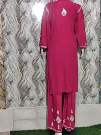 Rani Pink Rayon Kurti Palazzo Set with White Chikankari Embroidery