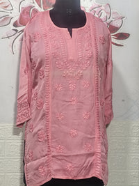 Modal Satin Charming Light Pink Chikankari Short Kurti