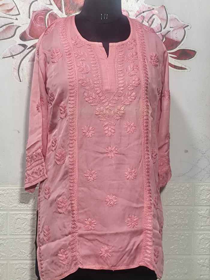 Modal Satin Charming Light Pink Chikankari Short Kurti